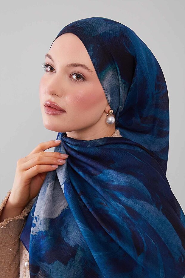 شال حريري من الصوف بنمط تجريدي أزرق - 2