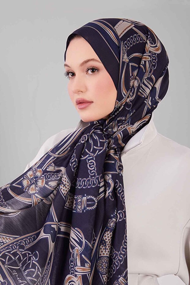 Navy Blue Mixed Patterned Wool Silk Shawl - 4