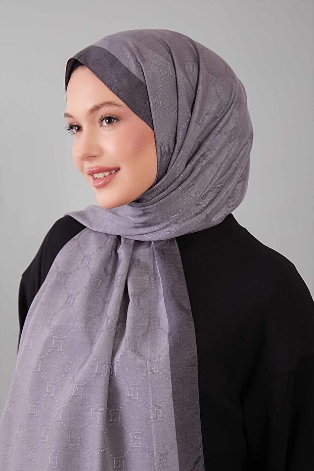 Antrasit Petek İşlemeli Monogram Şal - 4