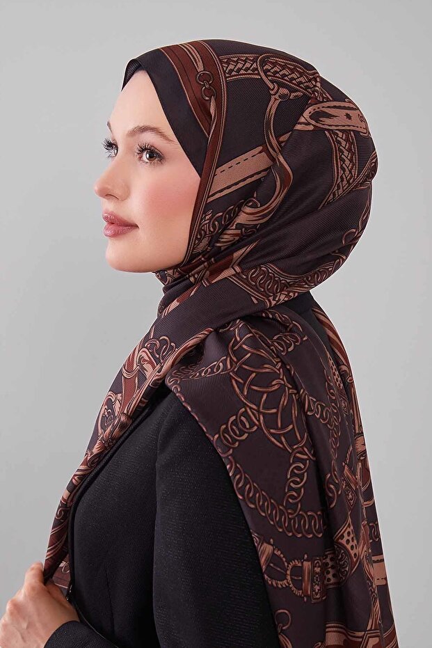 شال من الصوف والحرير بنمط مختلط باللون البني الحار - 3