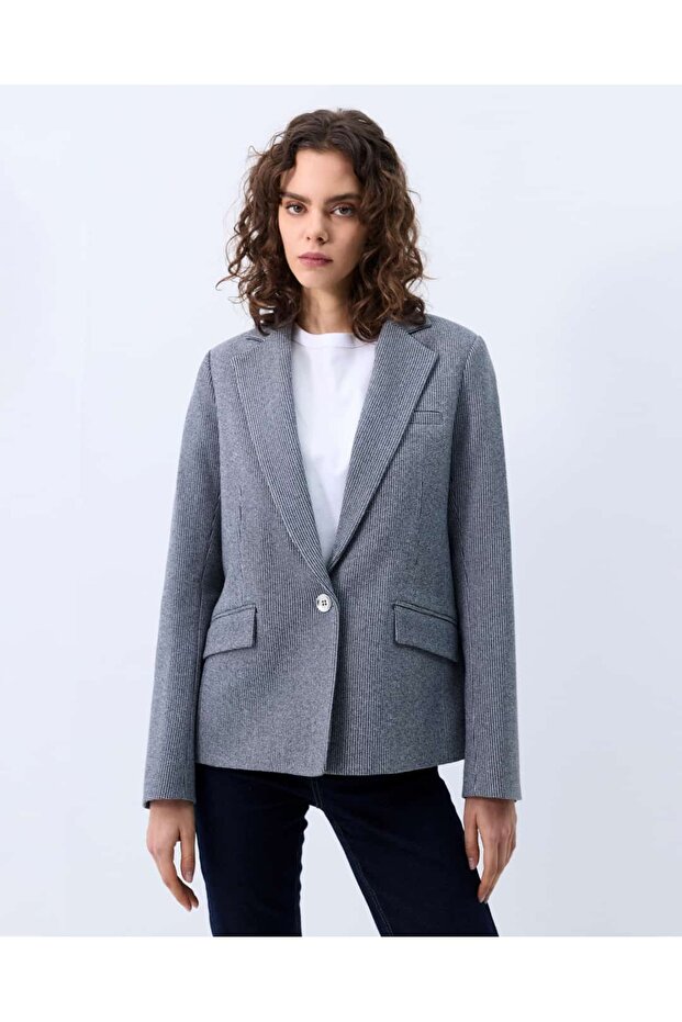 Houndstooth Patterned Blazer Jacket Navy Blue