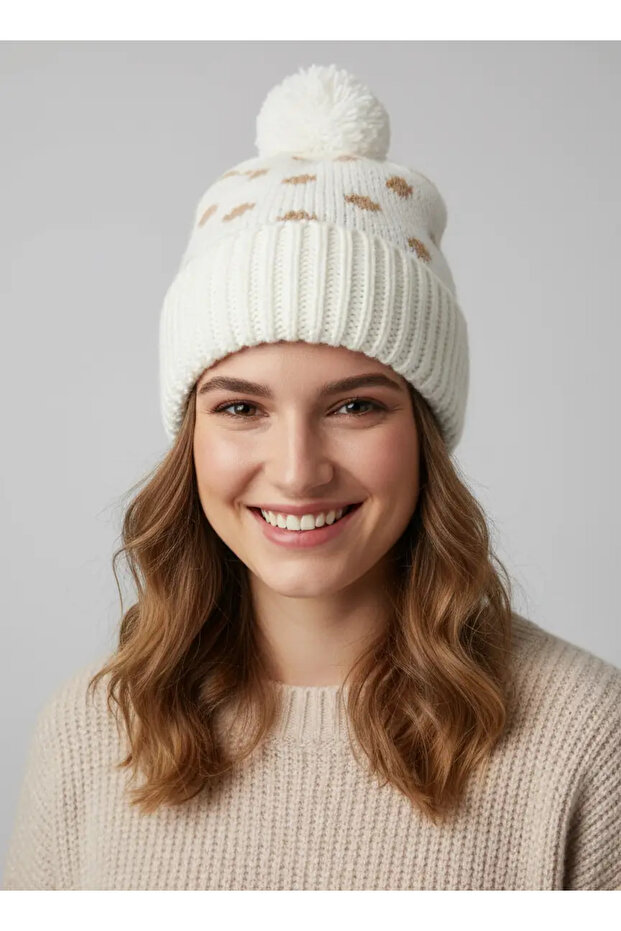 Recien Women's White Soft Textured Polka Dot Pompom Knitted Beanie - Fo2829