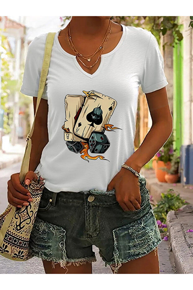 Women Playing Cards Printed Half V-Neck Sleeves Regular Fit Comfortable T-Shirt