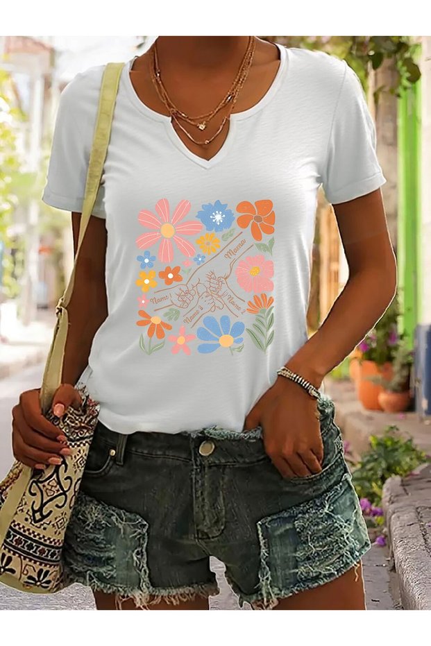 Women's Printed Half V-Neck Sleeves Regular Fit Casual T-Shirt
