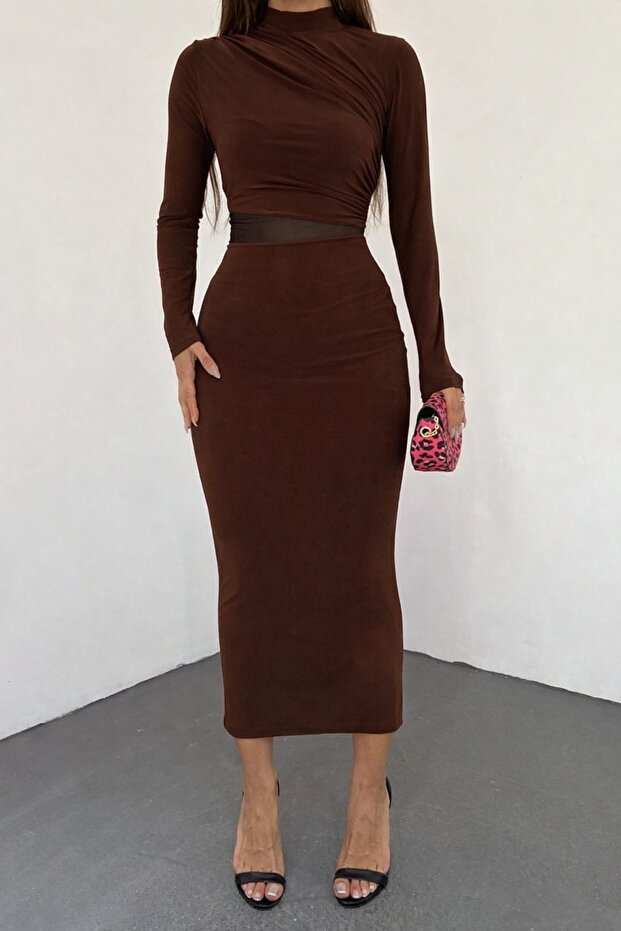 Long Sleeve Flexible Sandy Fabric Mock Neck Transparent Low-Cut Midi Length Brown Evening Dress 10957
