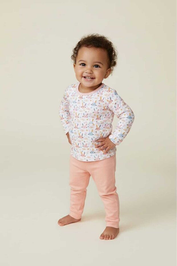 Salmon Rabbit Patterned Baby Girl 100% Cotton Pajama Set - Soft Patterned Long Sleeve Sleep Set