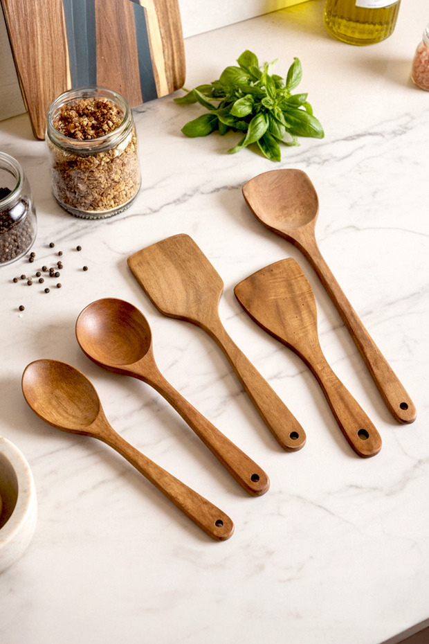 5 Piece Acacia Serving Set - Acacia Serving Spoon Spatula Ladle Set Serving Set