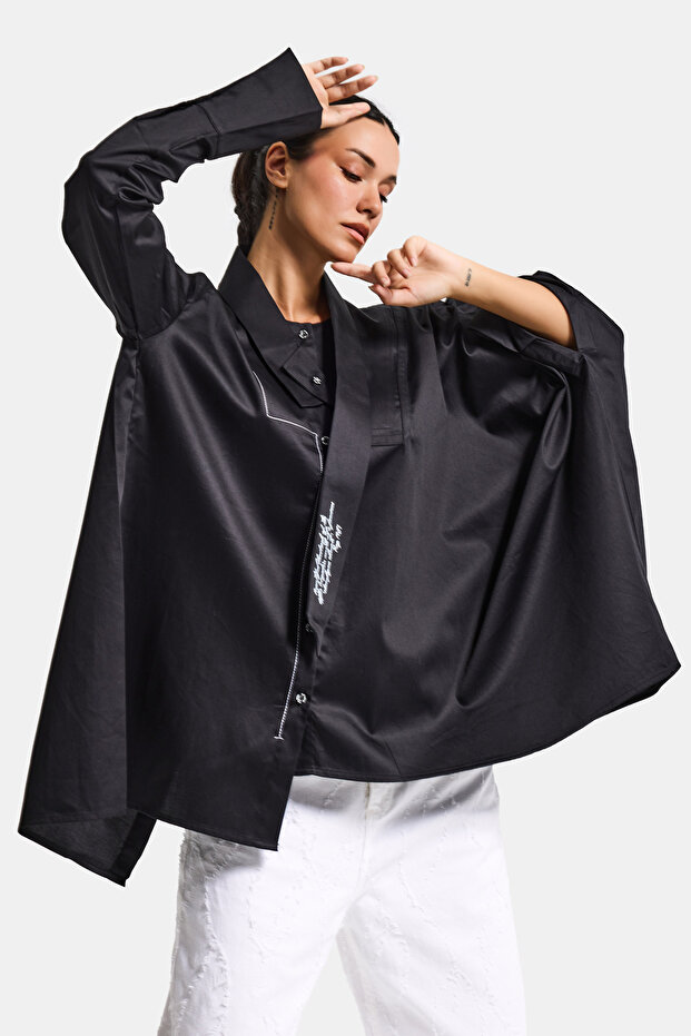 Kadın Siyah Renk Oversize Tasarım Gömlek - 6