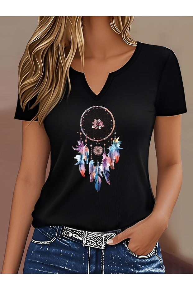 Women's Dream Catcher Printed Half V-Neck Sleeves Regular Fit Casual T-Shirt
