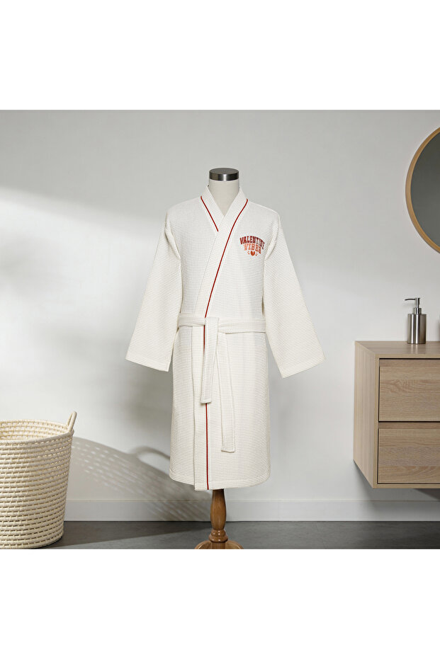 Valentine 100% Cotton Embroidered Pique Bathrobe White (M/L)
