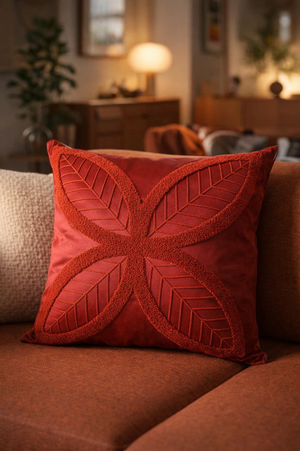 Punch Embroidered Cushion Cover - 43*43 Cm - 4 Leaf Tile Red - PNK001