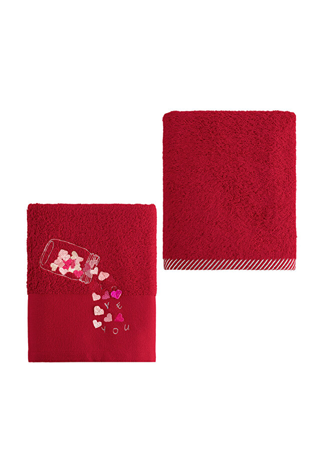 Desire 100% Cotton Embroidered 2-Piece Hand Towel Set Red 50X90 Red