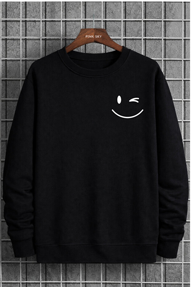 سويت شيرت للجنسين قصة فضفاضة قطن مطبوع سويت شيرت Winking Smiley