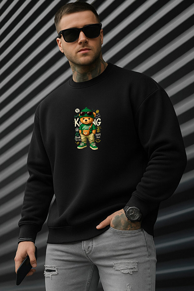 Men's Winter Cotton Bear King Printed Regular Crew Neck Sweatshirt