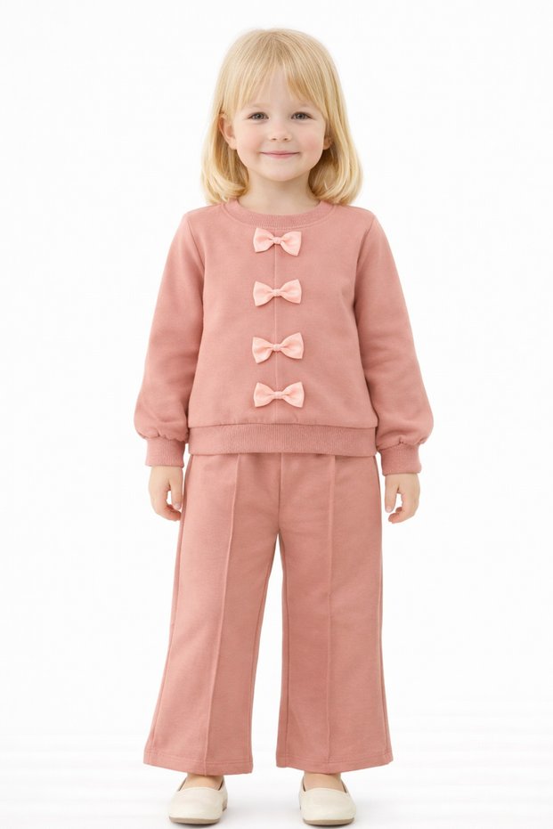 Crew Neck Bowknot Detailed Dusty Rose Color Girls' Tracksuit Set