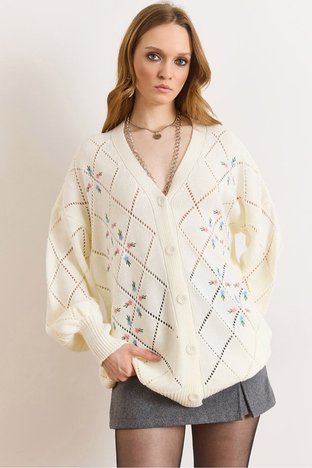 Women's White Embroidery Detailed Long Knit Cardigan Hrk-19000465