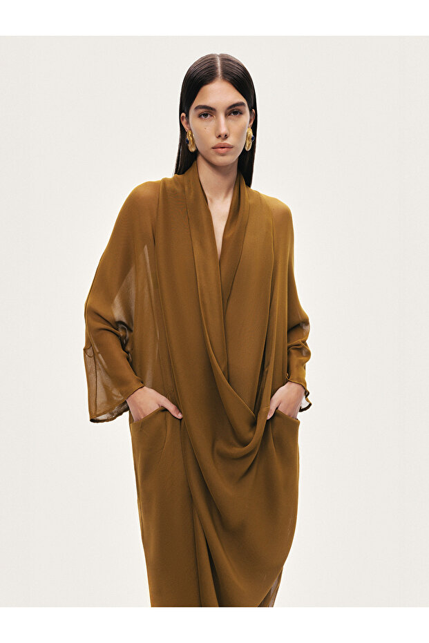 Drape Detaylı Midi Elbise - 1