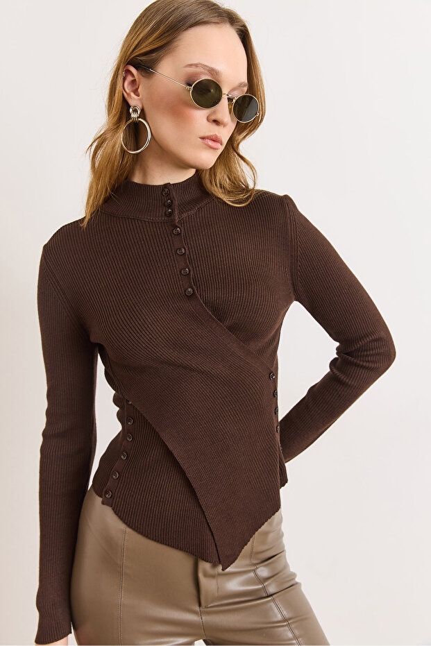 Women's Brown Button Detailed Soft Textured Draped Knitwear Sweater Kzk-19001137
