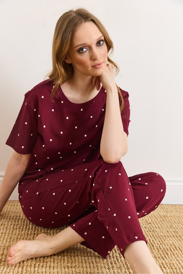Women's Burgundy Heart %100 Cotton Short Sleeve Set PJM-00000026