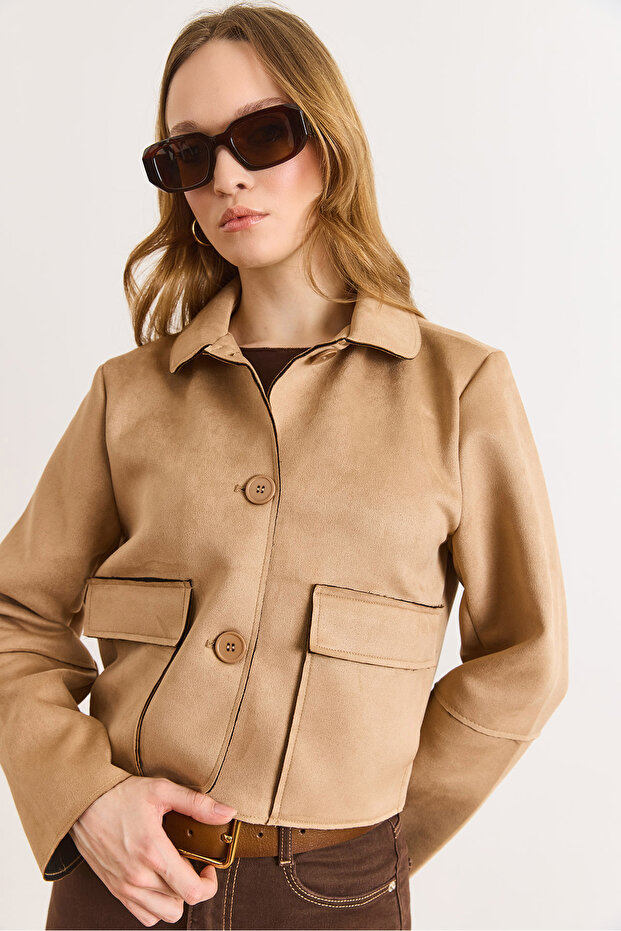 Women's Camel Pocket Detailed Unlined Suede Jacket Ckt-19000508