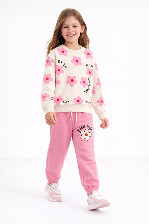 Girl's Printed Floral Patterned Trousers with Pockets Comfortable Tracksuit Set