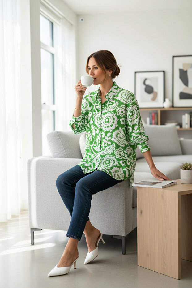 Kadın Uzun Kollu Desenli Basic Gömlek - 2