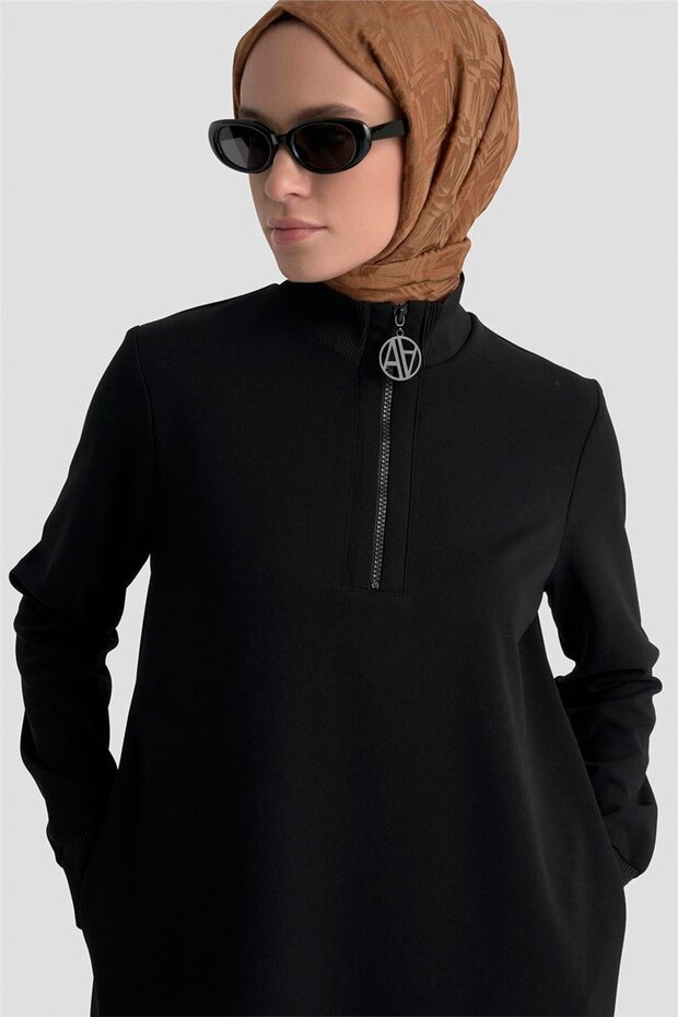 Fermuar Detaylı Basic Tunik Siyah - 1