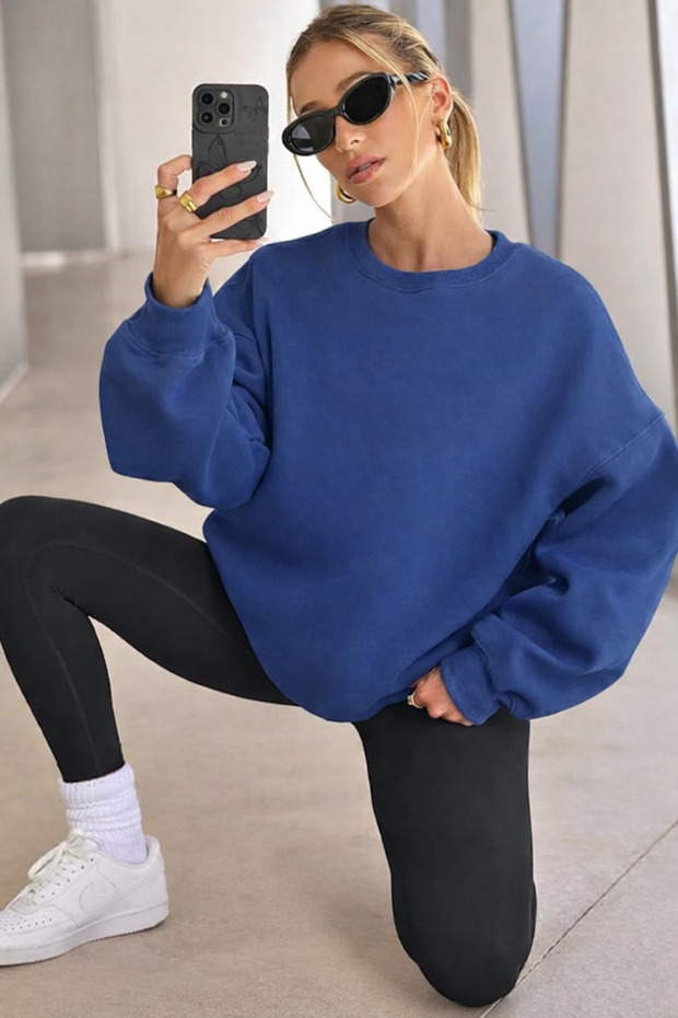 Kadın Bisiklet Yaka Basic Oversize Sweatshirt İNDİGO - 1