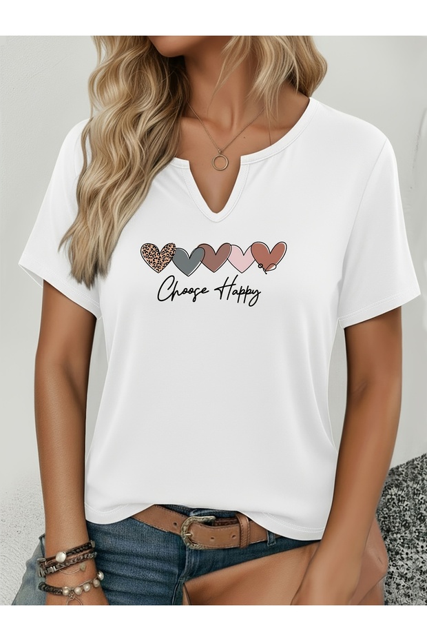 Women's Choose Happy Printed Half V-Neck Sleeves Regular Fit Comfortable T-Shirt