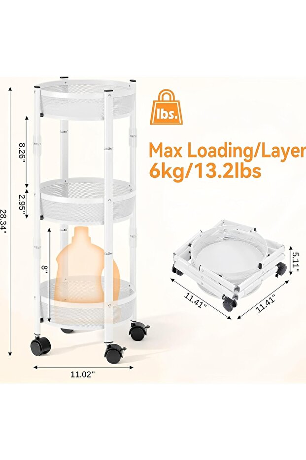 عربة نقل متعددة الاستخدامات قابلة للطي بثلاثة أرفف وعجلات قابلة للقفل بزاوية 360 درجة - 2