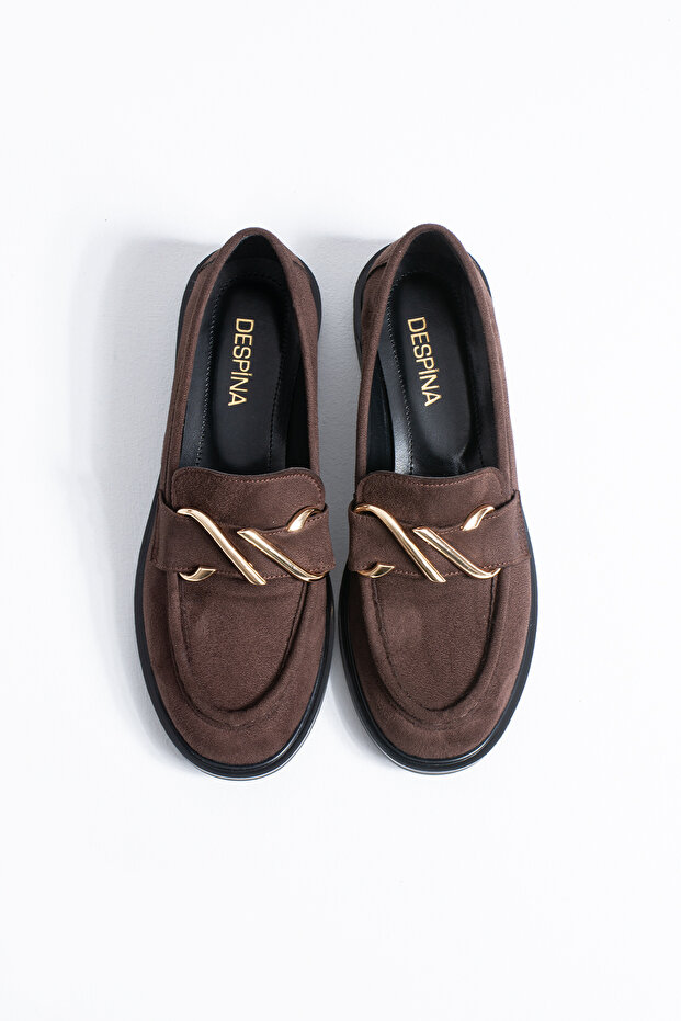 Ti̇ta Women's Black Leather Gold Buckle Detail Loafer Shoes – Classic & Modern Office Elegance