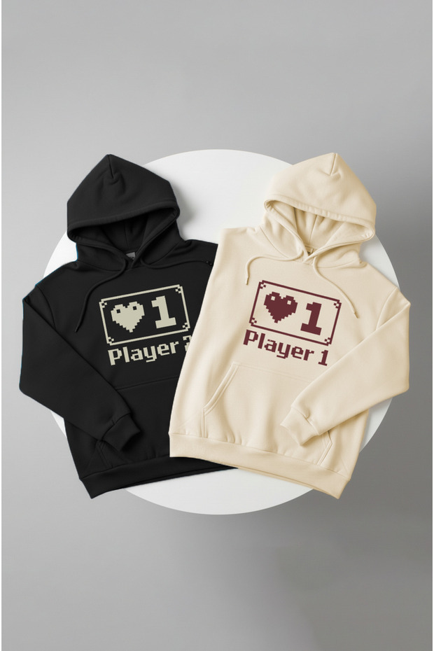 سويت شيرت Player 1 - 2 بتصميم ريترو للعشاق بغطاء رأس