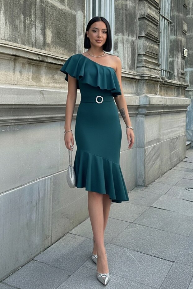 One-Shoulder Midi Dress with Flywheel Detail