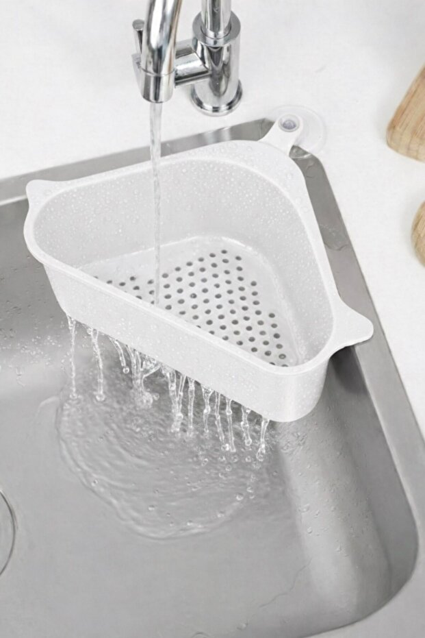 مصفاة حوض المطبخ على شكل مثلث مع مصاصة، مصفاة زاوية لحوض المطبخ باللون الأبيض - 3
