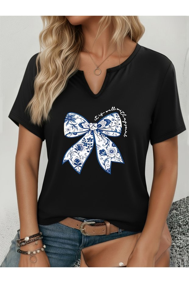 Women's Blue Ribbon Printed Half V-Neck Sleeves Regular Fit Comfortable T-Shirt