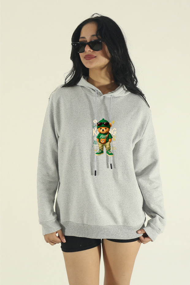 Women's Winter Bear King Printed Regular Cotton Hooded Sweatshirt