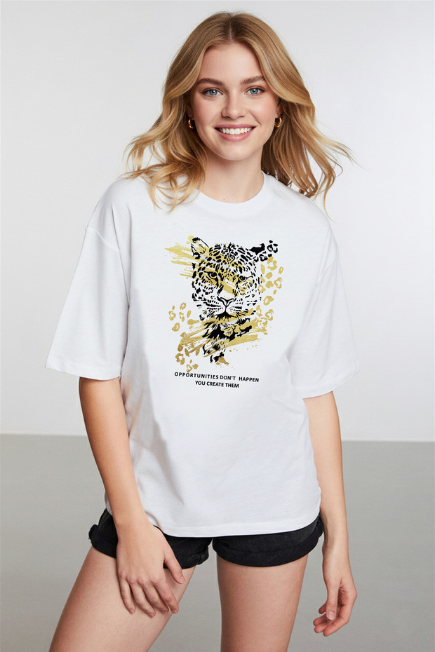 Women's White T-Shirt with Gold Leopard Illustration