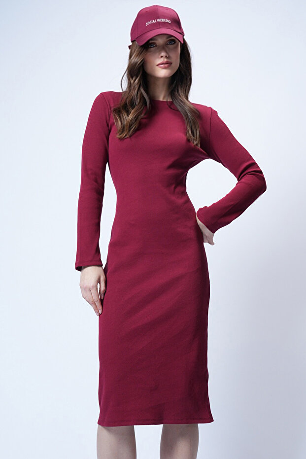 Bordo Bisiklet Yaka Midi Boy Örme Elbise ALC-X14774 - 5