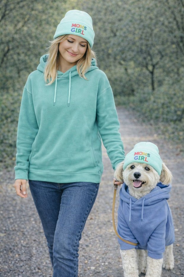 Mom and Dog Beanie 2-Piece Set - with Mom's Girl Label - Owner & Dog Matching Beanie - Dog Hat