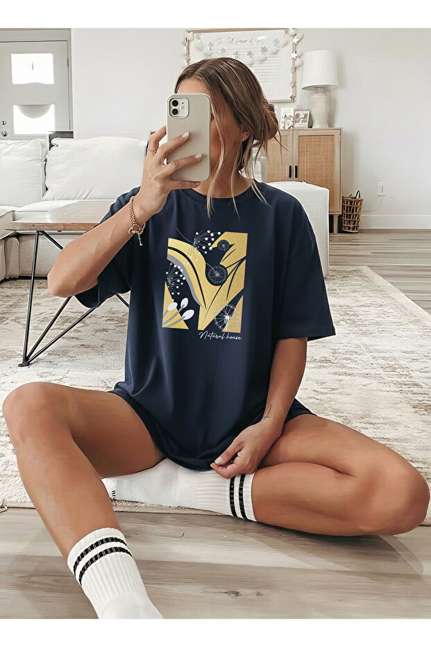 Women's Dandelion and Leaf Printed Crew Neck Navy Blue T-Shirt