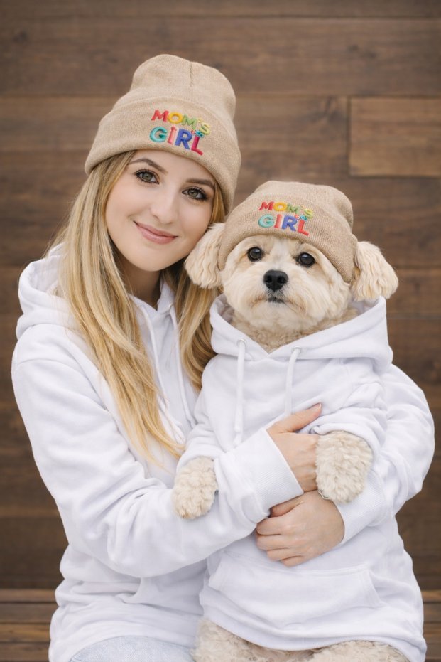 Mom and Dog Beanie 2-Piece Set - with Mom's Girl Label - Owner & Dog Matching Beanie - Dog Hat