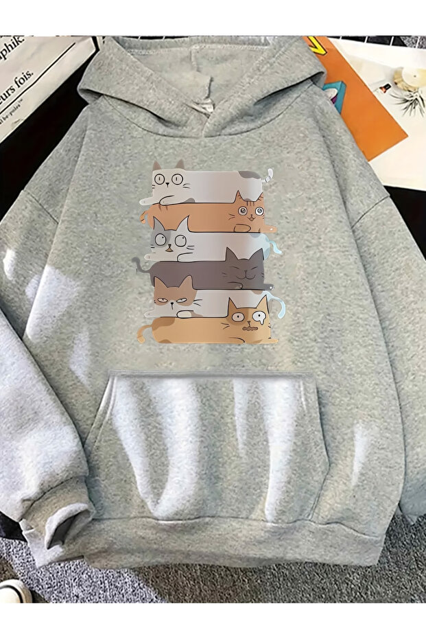 Printed women's/men's unisex Oversized Hooded 3-thread gray sweatshirt