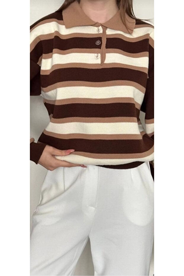 Stripe Detailed Button Collar Knitwear Sweater