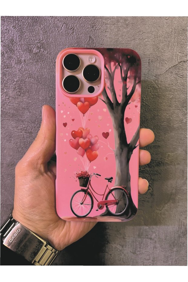 iPhone 15 Pro Max Compatible Love Tree and Bicycle Themed Pink Phone Case