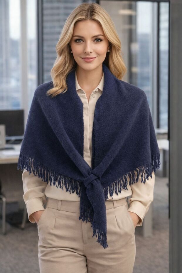 Navy Blue Tasseled Triangular Knitted Shoulder Shawl for Women