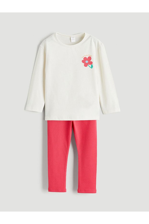 Ecru Flower Printed Girl's T-Shirt and Leggings
