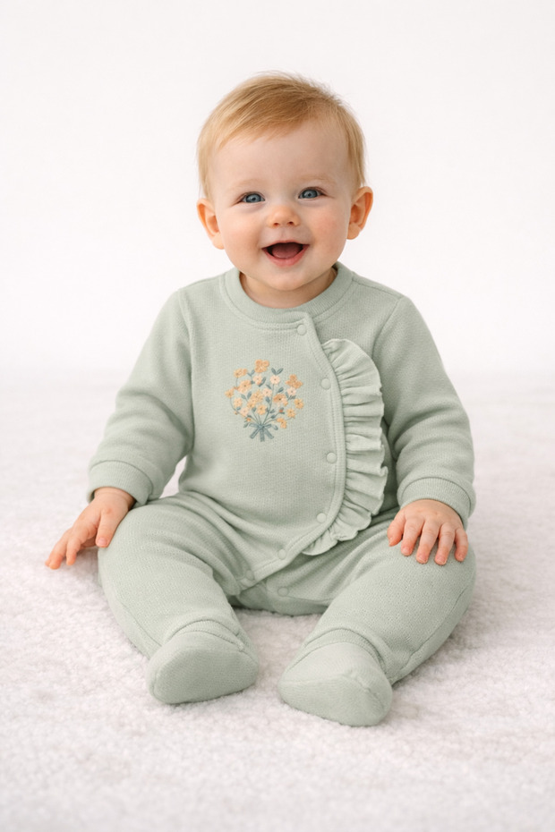 Organic Cotton Baby Romper – Long Sleeve Mint Green with Ruffle Snap Buttons – for Baby Girls & Boys