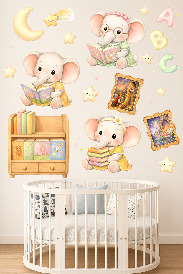 Fairy Tale Themed Cute Elephants Watercolor Reading Time Children's Room Wall Sticker Set