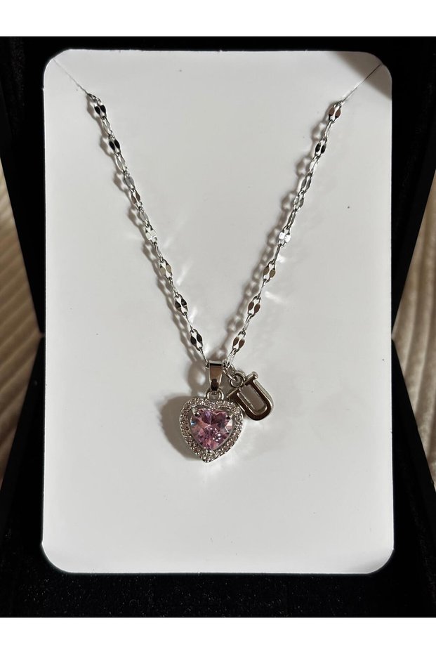 Steel Pink Heart U Letter Women's Necklace