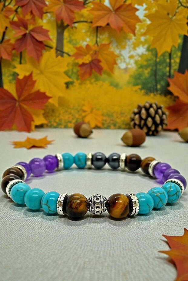 Natural Stone - Evil Eye Bracelet - Turquoise - Tiger Eye - Amethyst - Hematite - Unisex